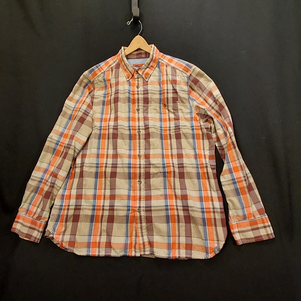 The North Face CQQ5 Mens XL Plaid Ripstop Button Down Shirt Orange Blue Mended